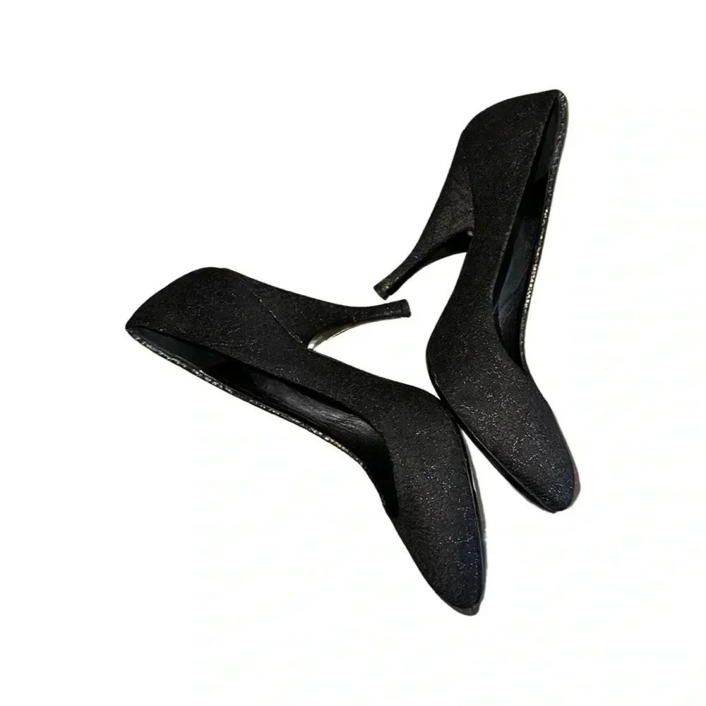 Chanel Black Shimmer Lace Almond Toe Pump Shoes Size 38 - Picture 4 of 10